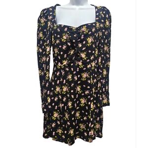 Zara Floral Print Lavender Roses Mini  Black Purple Long Sleeve Dress Sz Medium